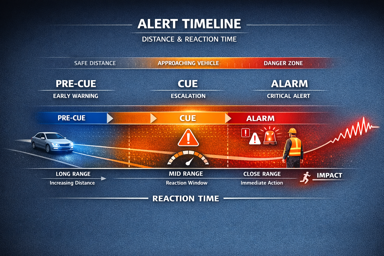 Timeline diagram illustrating escalating alerts from pre-cue to cue to alarm as risk increases